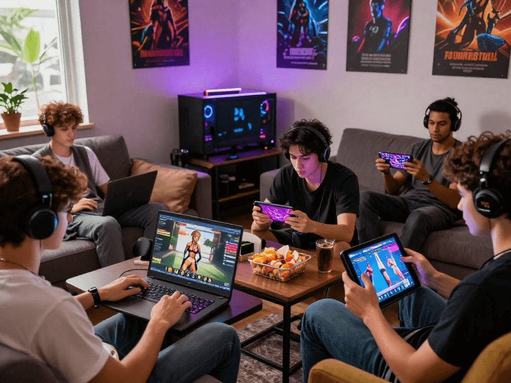 Exciting scene of players enjoying interactive porn games on laptops and mobile devices in a cozy lounge.