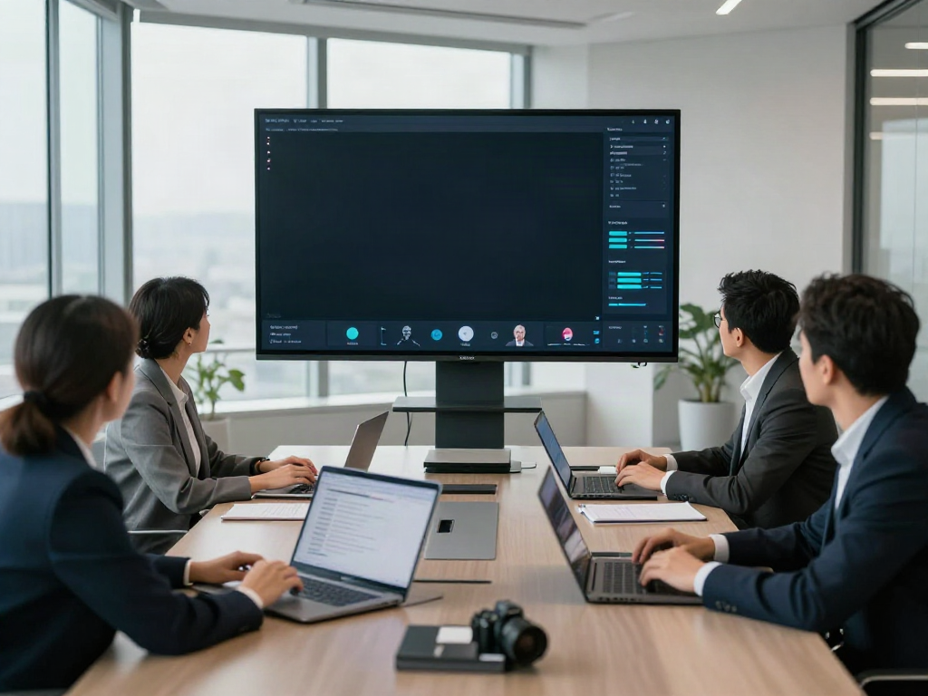 Deepfake protected meetings in a corporate office with a diverse team collaborating and engaging with technology.