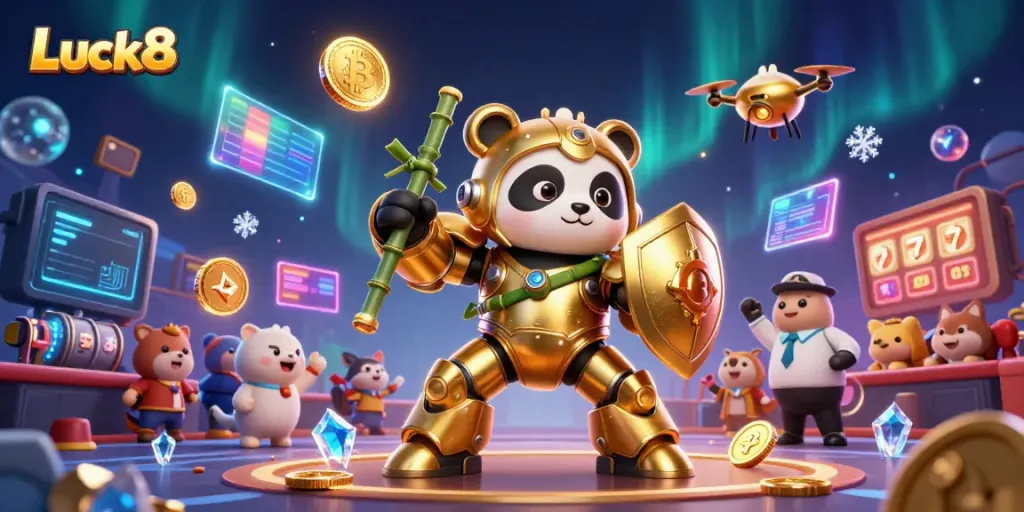 Luck8 gaming atmosphere with a mech-suit panda, showcasing vibrant casino elements like slot reels and cryptocurrencies.