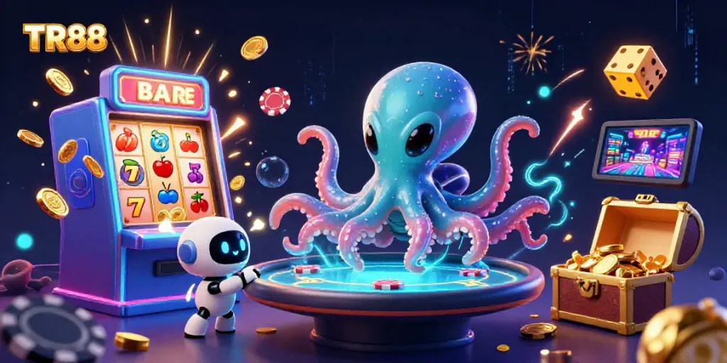 Catch the excitement of TR88 as an alien octopus runs a holographic poker table amidst a cosmic casino burst.
