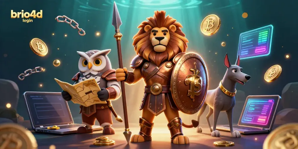 Immerse in the brio4d login experience with a dynamic 3D casino scene featuring iconic characters and vibrant gaming elements.
