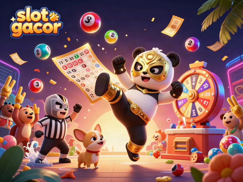 Experience the excitement of slot gacor with a panda wrestler and animal spectators in a vibrant casino scene.