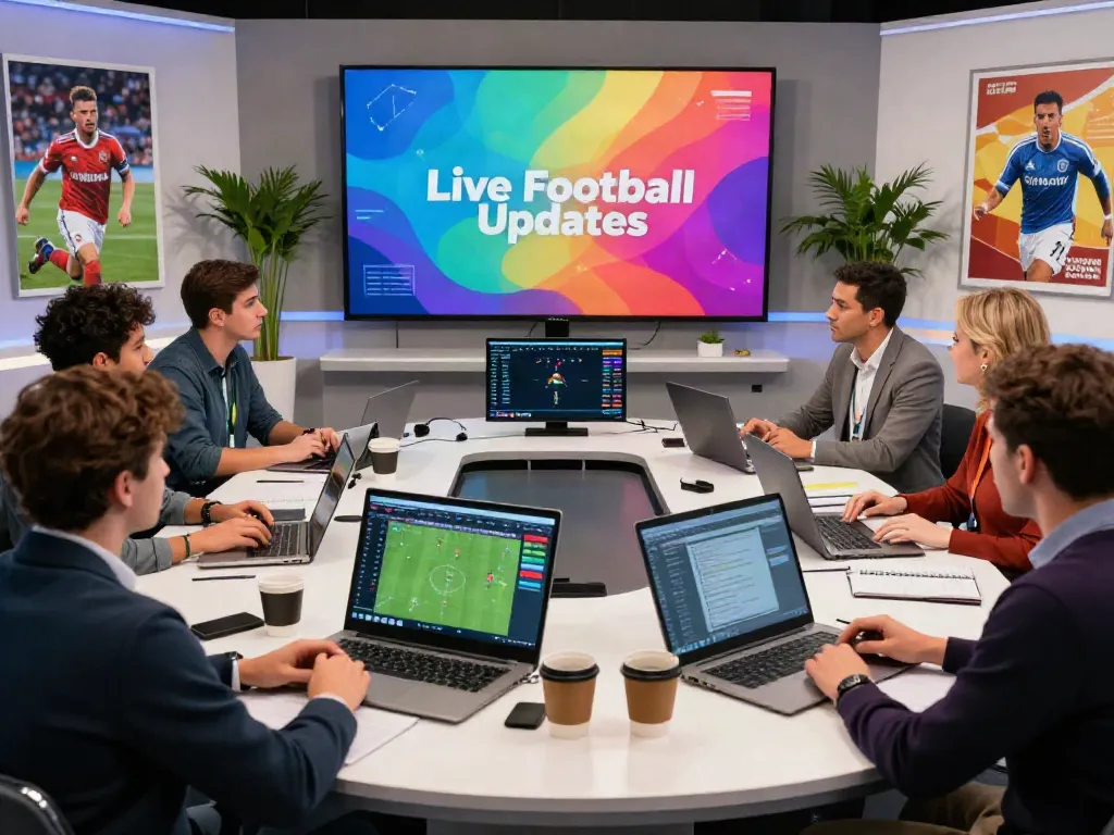 Football analysts discussing live scores with dynamic visuals showcasing ผลบอลสด updates.