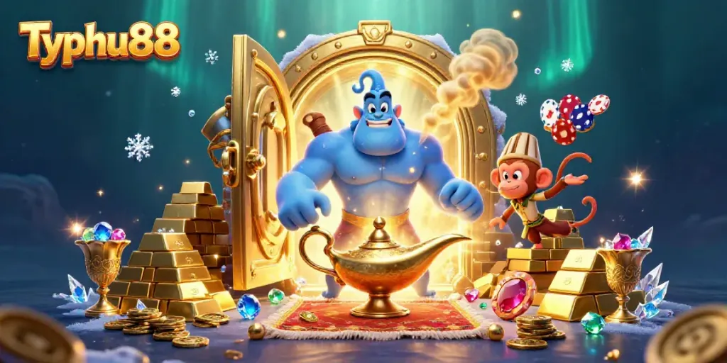 Engage with Typhu88 through this vibrant, dynamic scene of a casino adventure with colorful characters and treasures.
