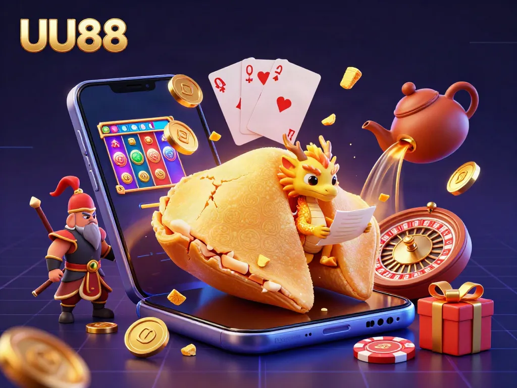Experience excitement with UU88 as a wise dragon navigates a golden fortune cookie in a vibrant gambling world.