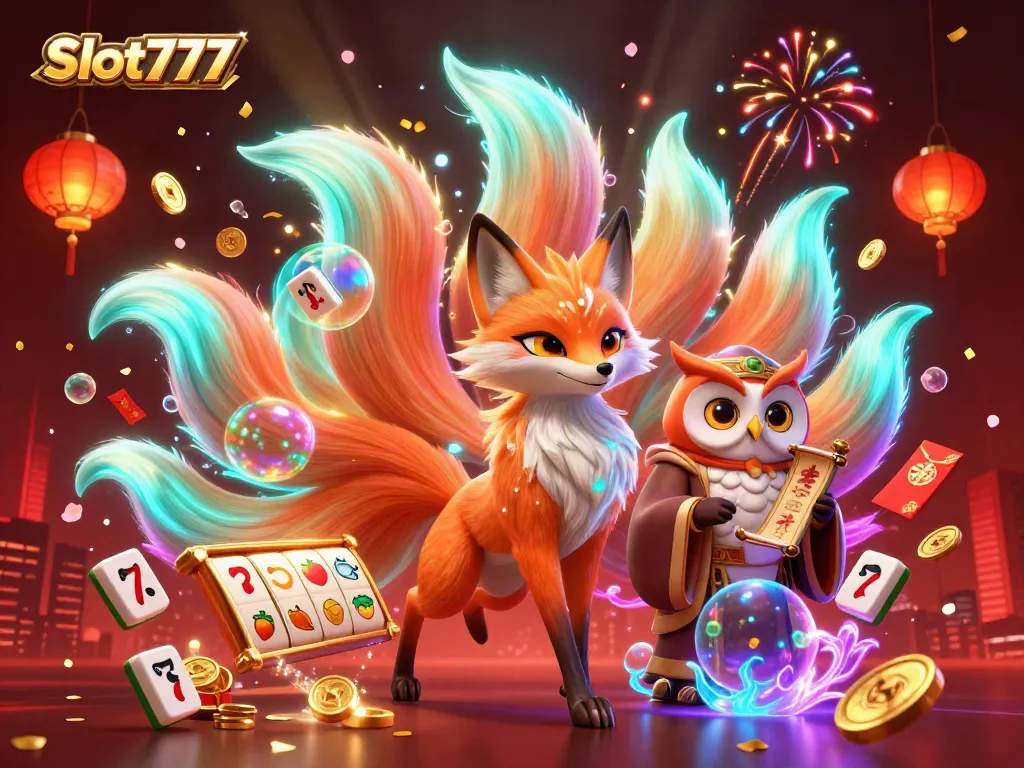 Experience excitement playing Slot777 with a nine-tailed fox spirit amidst colorful casino elements.