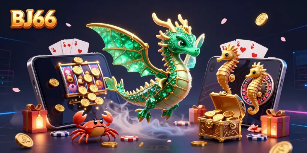 Engage with thrilling games at BJ66 featuring a colorful 3D casino scene with sea dragons, slot games, and poker.