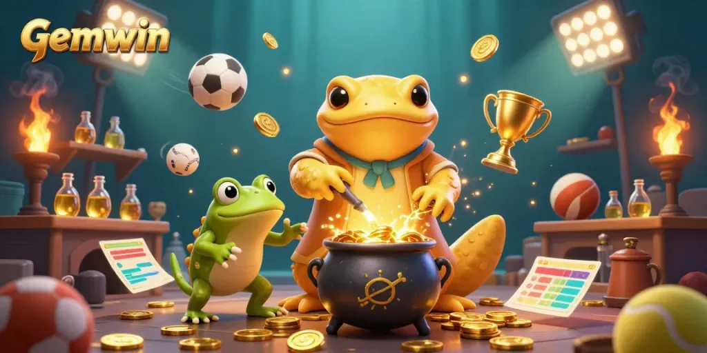 Experience Gemwin's lively gaming world with dynamic characters and sports elements in a magical casino setting.