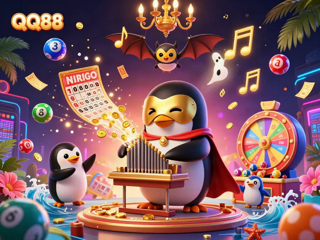 Engage with QQ88's dynamic gambling scene featuring a penguin organist and festive game elements.