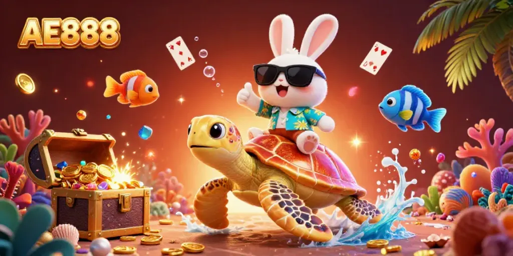 Witness the excitement of AE888 as a lucky rabbit celebrates winning with treasures in a vibrant 3D casino illustration.