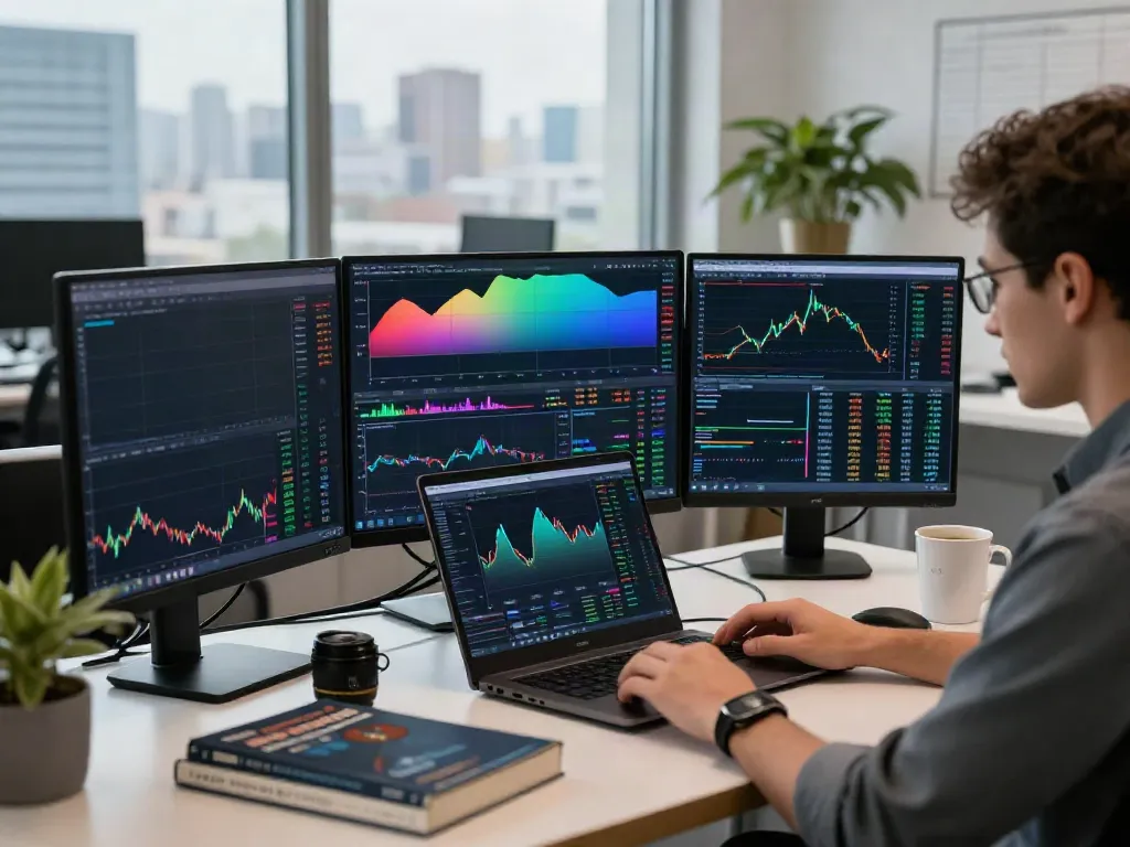 Focused trader using TradingView to analyze market data in a modern office setting.