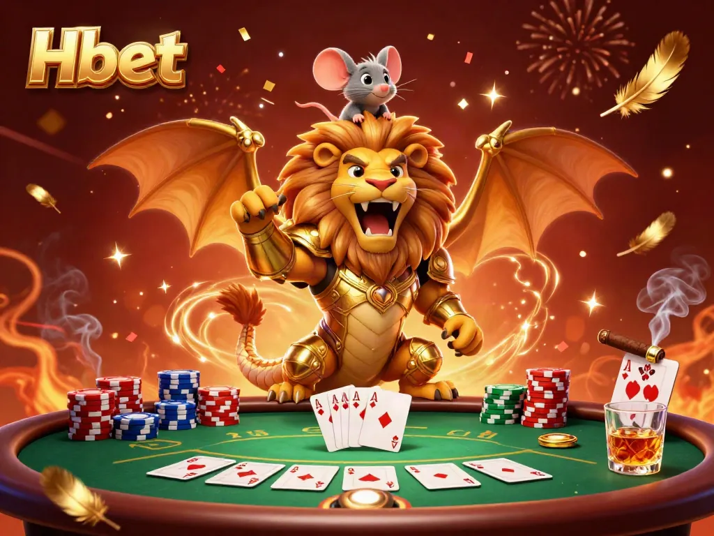 Experience triumphant wins at HBET with an illustration of a roaring chimera, poker elements, and celebration confetti.