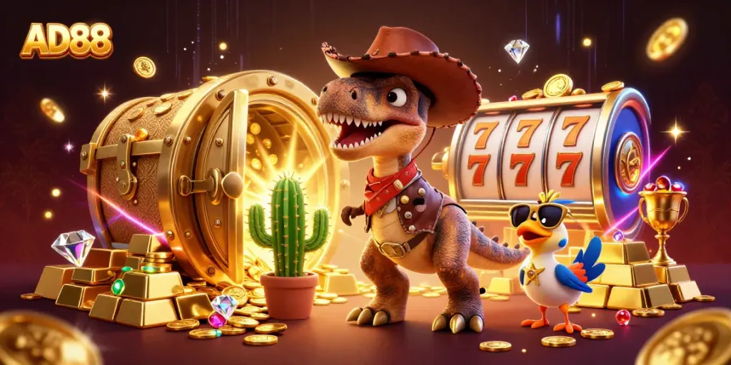 Spin the reels at AD88 with the cowboy dinosaur, cactus buddy, and roadrunner amidst golden treasures.