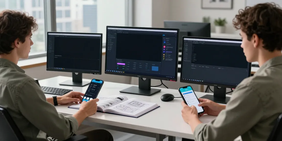 Engineer developing mobile apps with APK files on multiple screens.
