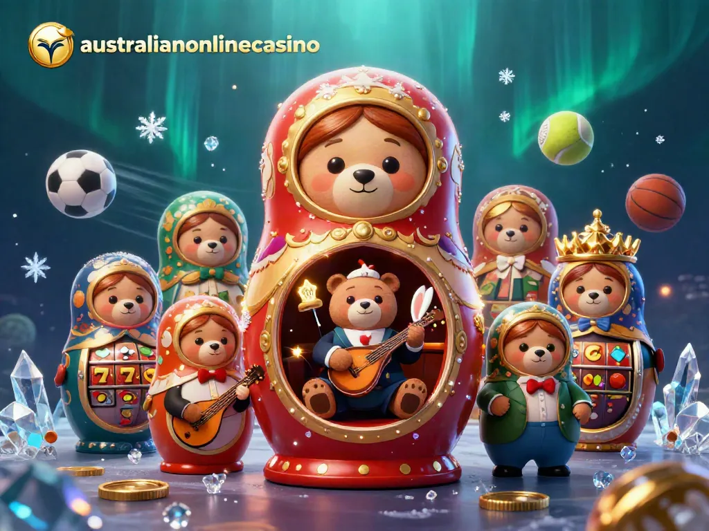 Experience the festive theme of australianonlinecasino with exciting slot scenes featuring dynamic bears and celebratory elements.