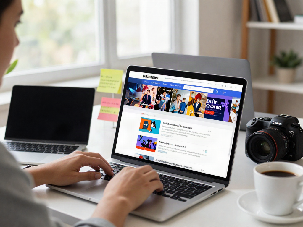 User browsing a 링크모음 website showing categorized links on a laptop in a bright home office.