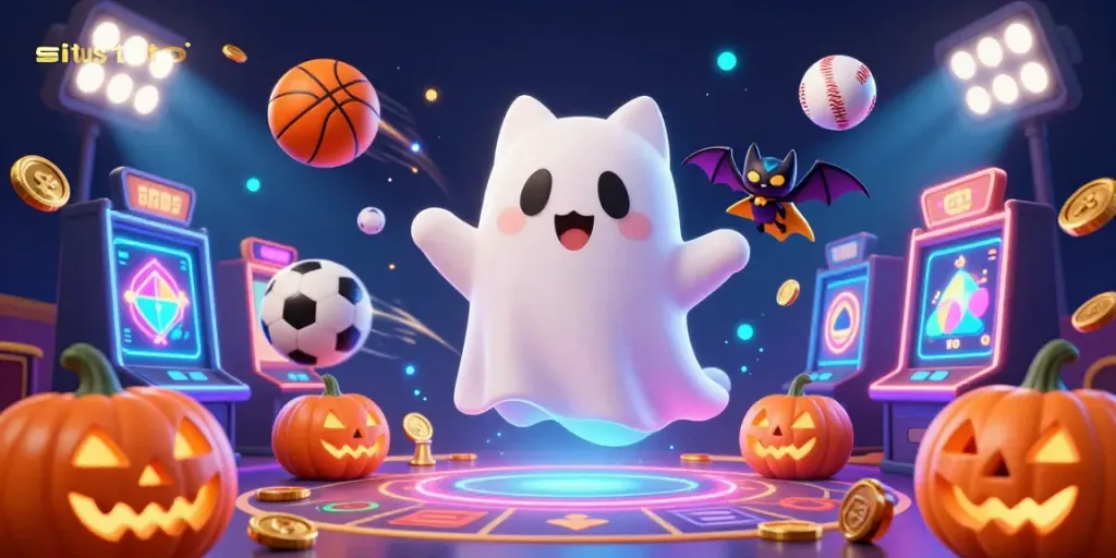 Engage in situs toto with a ghostly cat at a haunted casino, surrounded by dynamic slot machines and sports balls.
