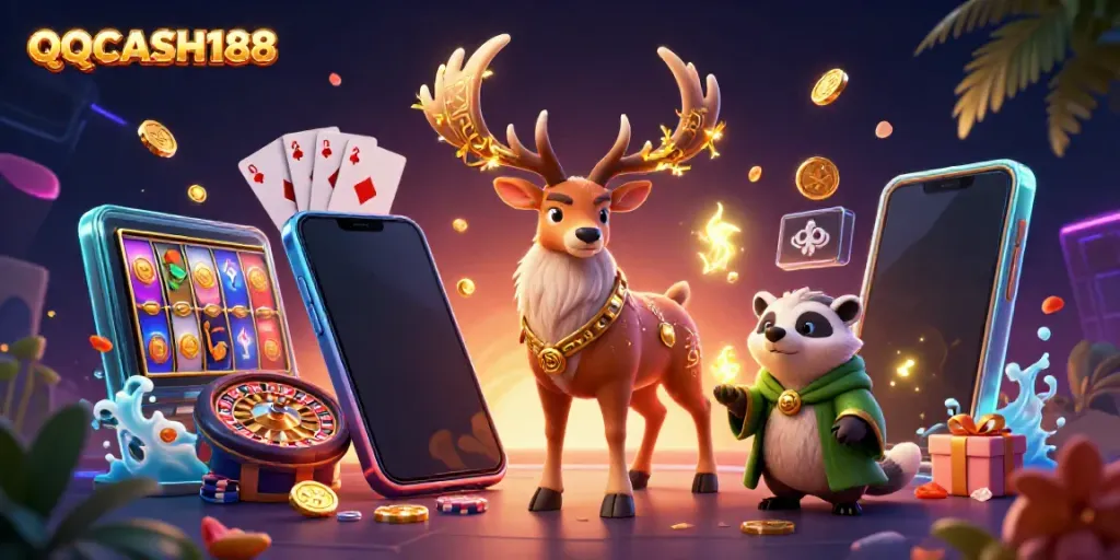 Engage with QQCASH188's thrilling slot game scene featuring enchanted characters and vibrant casino elements.
