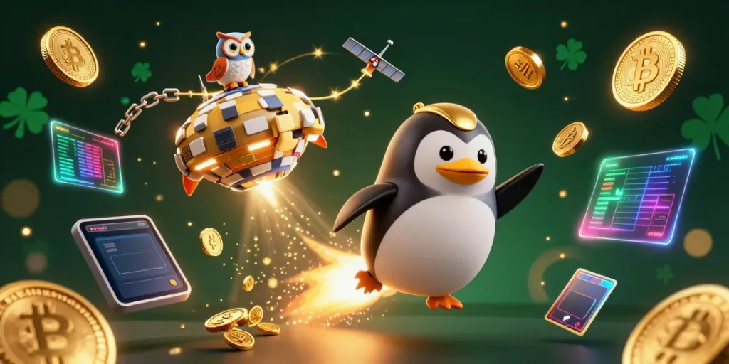 Experience thrilling adventures in the galaxy with IDC88JOKER and the golden penguin amidst floating crypto coins.