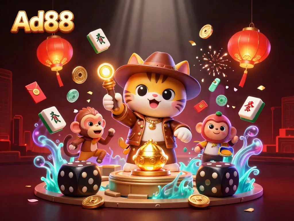 Ad88 showcases an exciting 3D exploration scene filled with vibrant casino artifacts and dynamic elements.