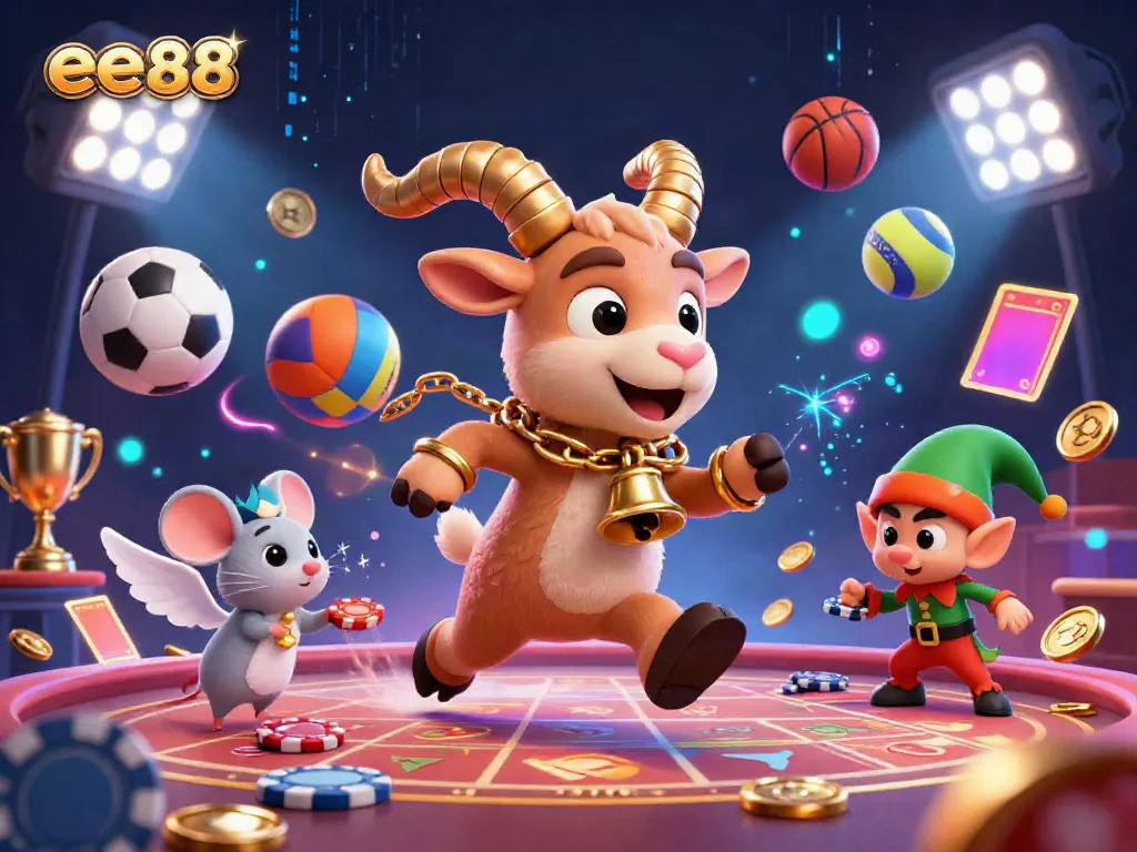 Engaging illustration of the lively ee88 casino scene with a Krampus goat, angel mouse, and elf gremlins in action.