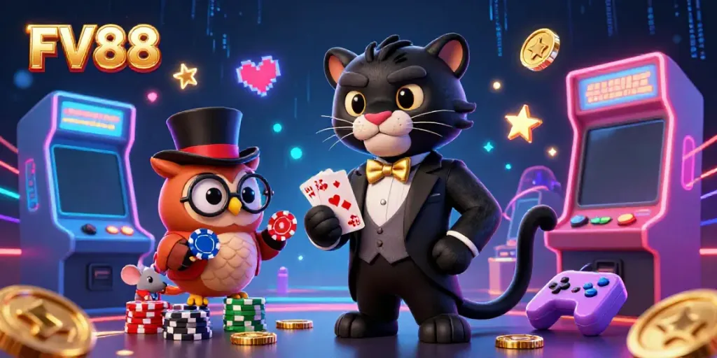 Engage with the dynamic world of FV88's online casino featuring stylish characters, vibrant game machines, and poker elements.