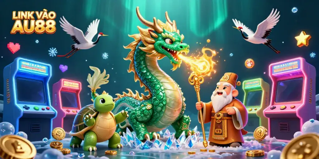 Engage in fun gaming adventures with LINK VÀO AU88 featuring mythical creatures and vibrant casino elements