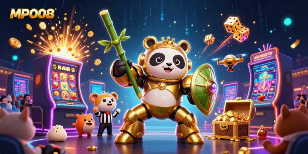 MPO08 showcases a golden panda and fighting robot in a vibrant casino arena bursting with excitement.