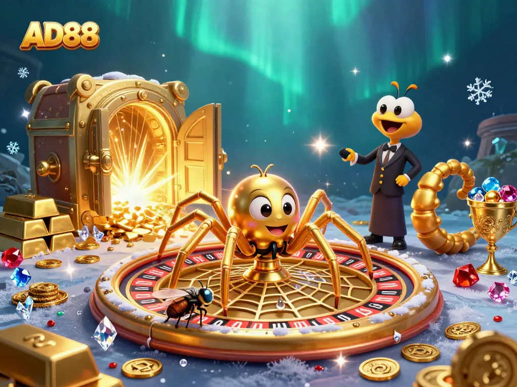 Engage with AD88's vibrant casino world featuring a golden web roulette and a centipede croupier.