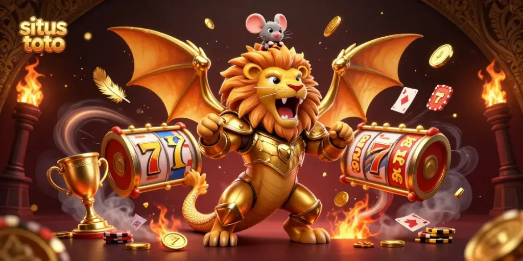 Play at situs toto with an epic 3D chimera and vibrant casino elements showcasing slot games.