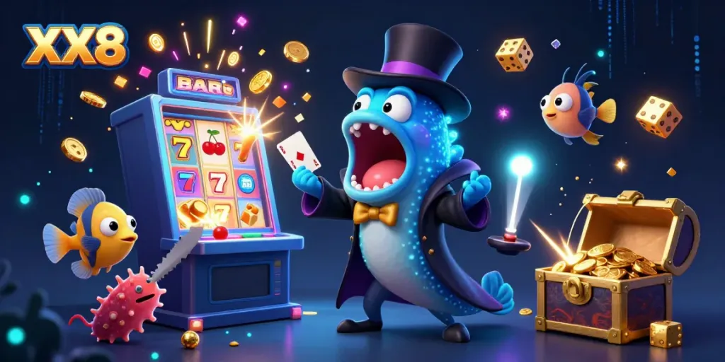 Experience the excitement of XX8 with magical creatures and casino games in a vibrant 3D illustration.