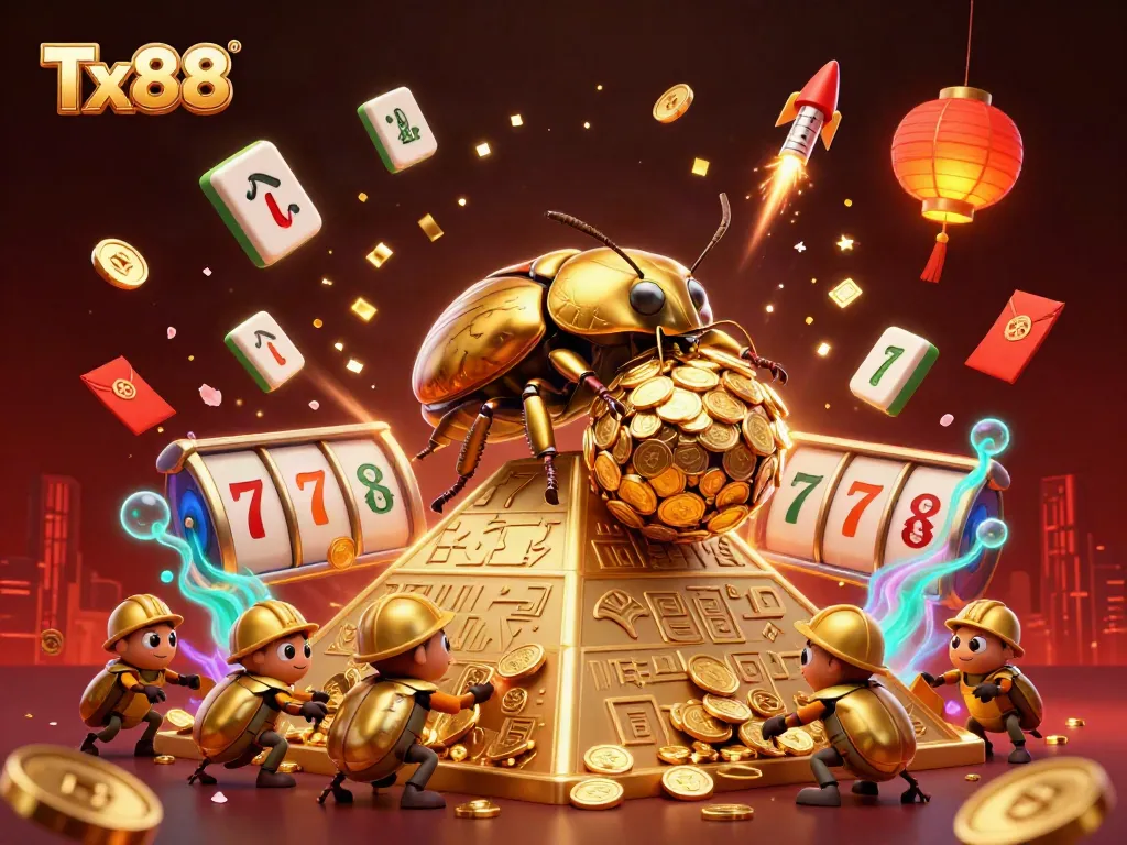 Experience thrilling gameplay with Tx88 as a golden beetle navigates a coin pyramid surrounded by vibrant casino symbols.