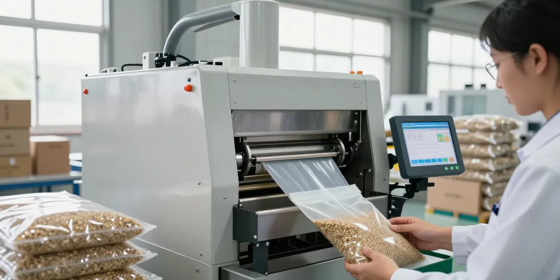 Open mouth bag filling machine in an industrial setting, efficiently packing granular products.