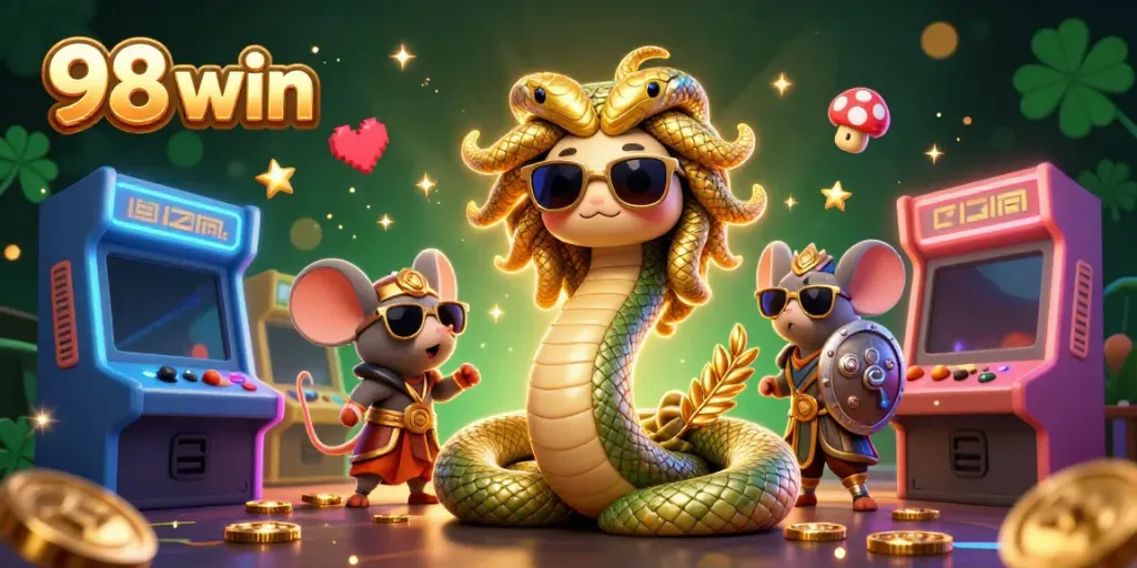 Experience thrilling gaming action with 98 win, featuring Medusa and a warrior mouse in a vibrant arcade scene.
