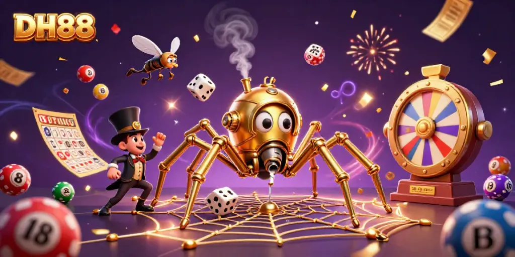 Win big at DH88 with dynamic lottery balls and a steampunk spider capturing luck.
