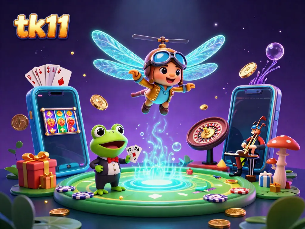 Engage with tk11 in a vibrant casino scene featuring a dragonfly pilot and frog croupier.