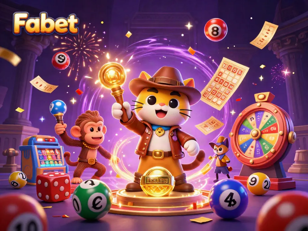 Engage with Fabet's exciting gaming experience, featuring a vibrant 3D illustration of an adventurer and lottery elements.