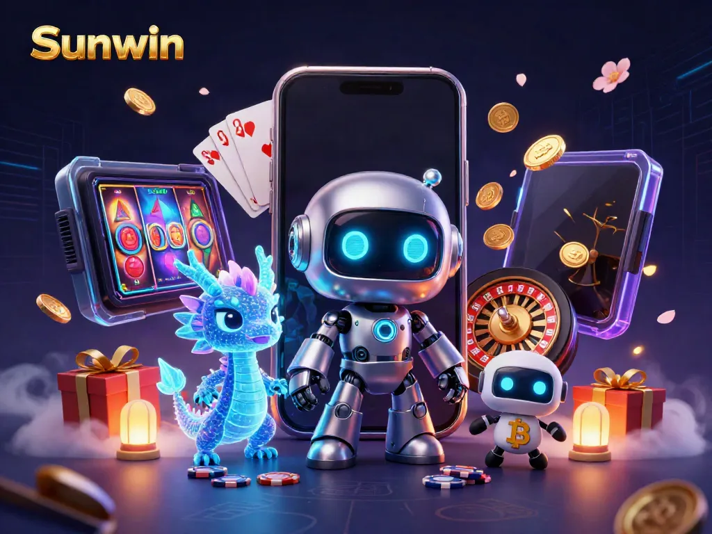 Engage with Sunwin's vibrant cyberpunk casino scene featuring colorful slot games and animated characters.