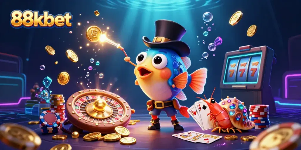 Join the excitement with 88kbet's vibrant underwater casino scene featuring dynamic characters and golden winnings.