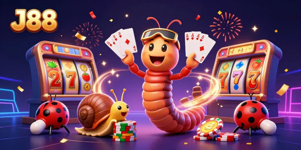 Engage with the excitement of J88 in this dynamic casino illustration featuring extravagant game elements.