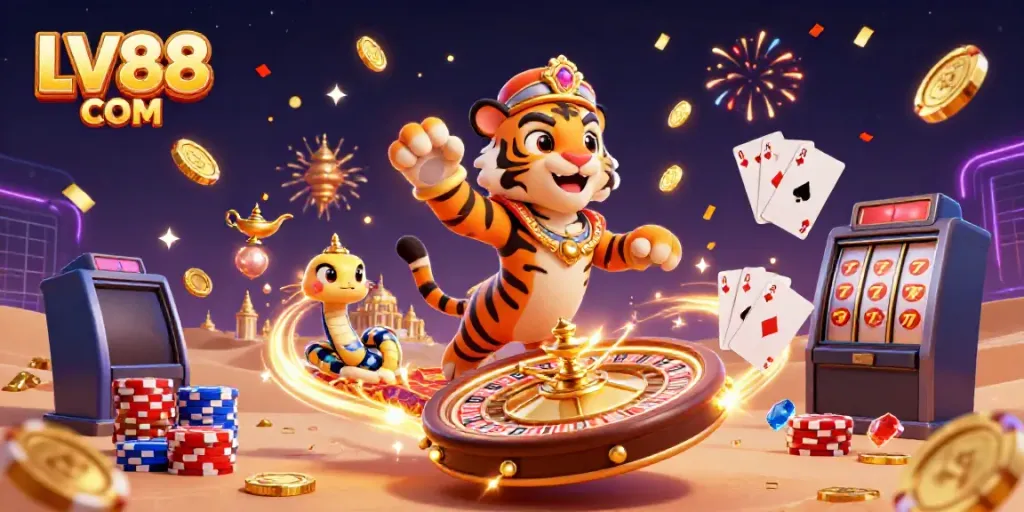 Experience the excitement of LV88 COM with vibrant casino adventure illustrations featuring a sultan on a flying carpet.