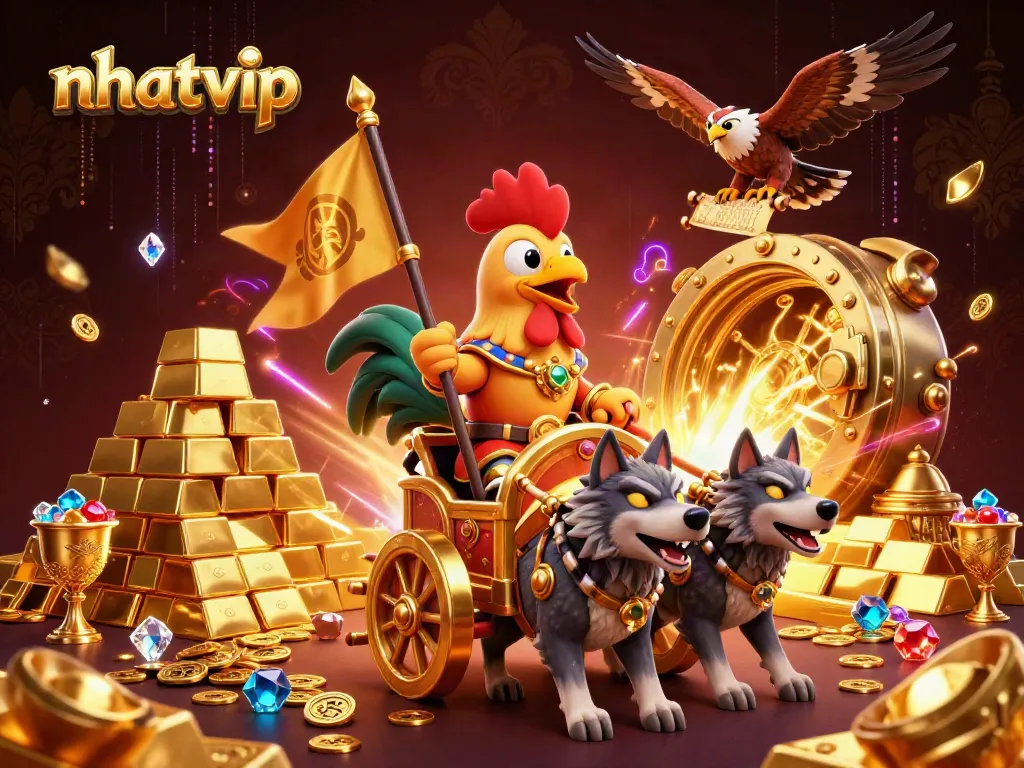 Join the nhatvip adventure with a rooster warlord in a dazzling casino treasure scene.
