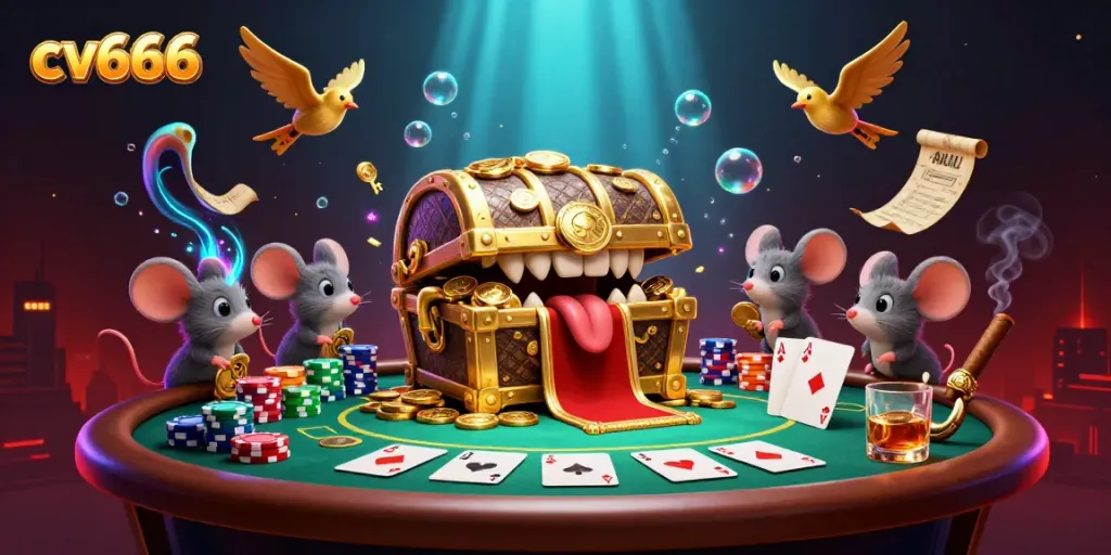 Experience thrilling adventures with cv666, a captivating treasure chest drawing in adventurer mice amidst a lively poker scene.