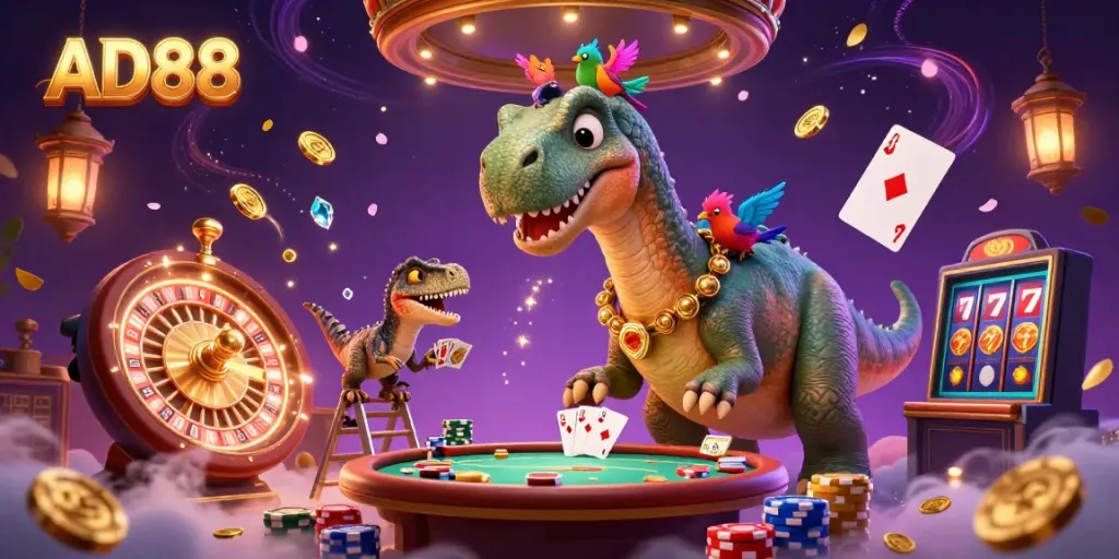 Engage with the thrilling gaming atmosphere at AD88, featuring a whimsical brontosaurus and raptor dealing cards.