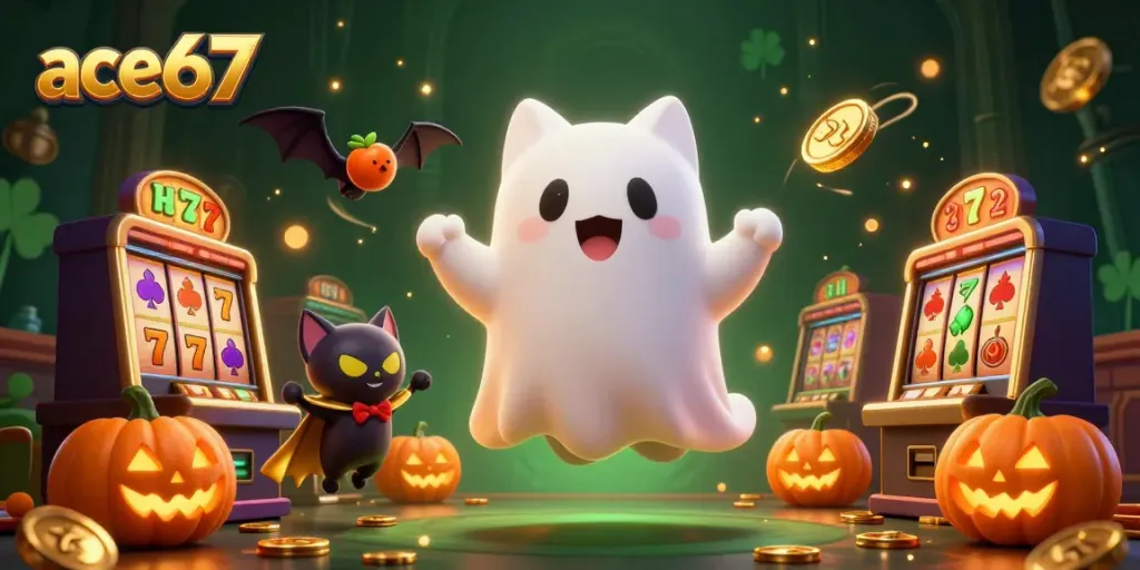 Experience the thrill of ace67 with a ghost cat, bat, and glowing jack-o-lanterns in a haunted casino scene.