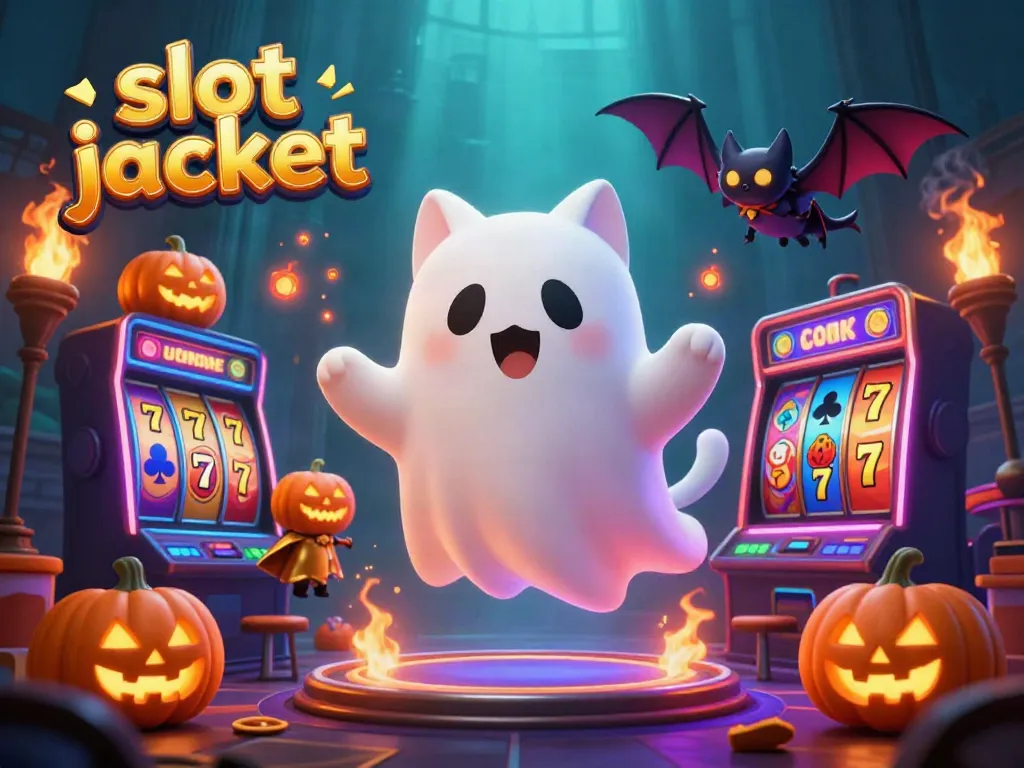 Experience the thrill of winning with the slot jackpot featuring a friendly ghost cat and vibrant 3D casino elements.