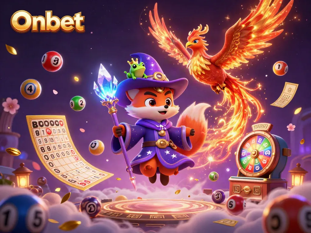 Experience Onbet's vibrant gaming world with a mystical fox, phoenix, and enchanted frog in a dynamic scene.