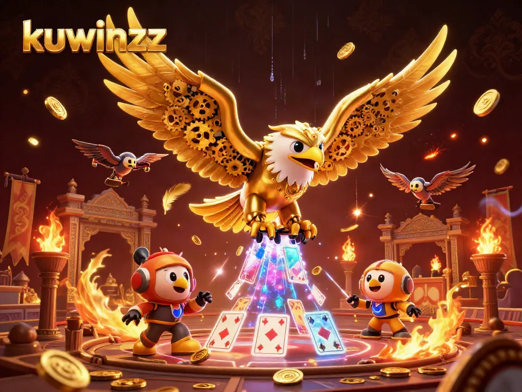 Experience the thrill at kuwinzz with dynamic holographic playing cards and a golden eagle diving through a vibrant casino scene.