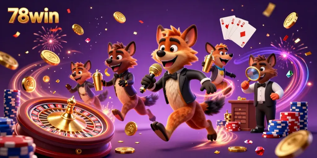 Experience the excitement of winning at 78win casino with engaging hyena characters in a vibrant digital casino.