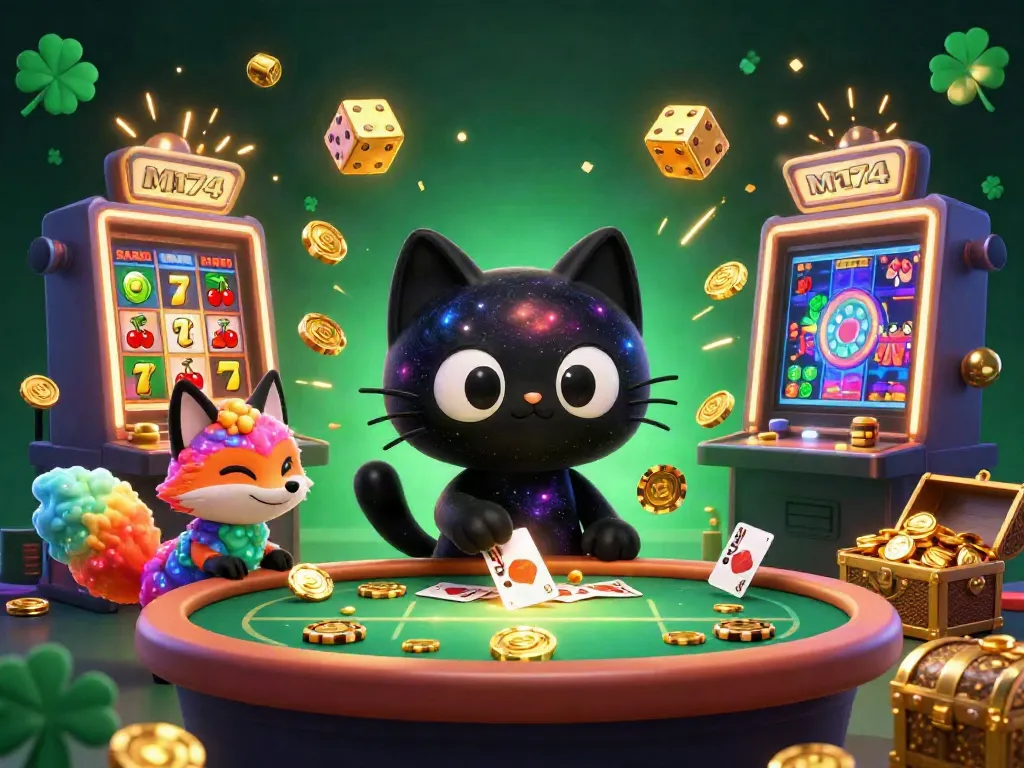 M174 showcases a cosmic casino scene with a black hole cat and a nebula fox, pulling in golden chips and flying game elements.